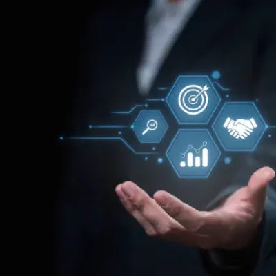 Businesswoman with business icons on virtual screen, Business cooperation, Business goal icons, Financial business chart planning project, Target management